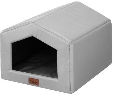 DOGGY Hundehütte – Hundehöhle mit Kissen - Winterfest Wasserdicht Wetterfester – Warm Hundehaus - Katzenhaus Für Draußen - Haustiere Kleine Hund Katze 55x59x34 cm - Aschgrau