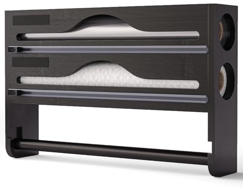 Küchenrollenhalter ohne Bohren – 2-in-1 Bambus Folienabroller mit Papierhalter, Wandmontage, Rundöffnung 5cm, Abnehmbarer Halter für Küchenrolle, Folie & Aufbewahrung (Schwarz)