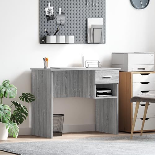 IBUQDDV Schreibtisch mit Stauraum Grau Sonoma 90x49.5x75 cm Spanplatte Homeoffice Büromöbel minimalistisch Moderne Schublade Regal Arbeitsplatz