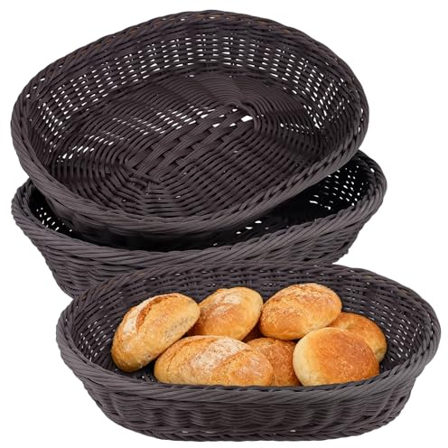 SINJEUN 3 cestini ovali in vimini intrecciati, 35 x 25 x 7 cm, colore marrone scuro, per alimenti, frutta, cucina e conservazione