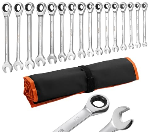 VEVOR Juego de Llaves de Trinquete 16 Unidades, Llaves Combinadas con Carraca, SAE de 1/4 ''-1 '', con Bolsa de Almacenamiento, Acero Cromo Vanadio, para Bricolaje Doméstico Reparaciones de Automóvil