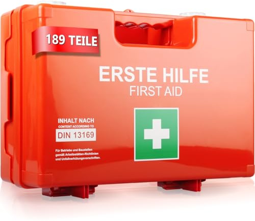 Betriebsverbandkasten Erste-Hilfe-Koffer mit Inhalt Wandhalterung 5x Aufkleber nach neuer DIN 13169 Verbandkasten für Baustelle Büro Betrieb orange