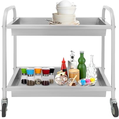 TTISJHK Servierwagen mit Rollen und 2-Bremsen, 2 Böden Küchenwagen Teewagen Edelstahl Reinigungswagen Edelstahlwagen für Restaurant Küche (D)