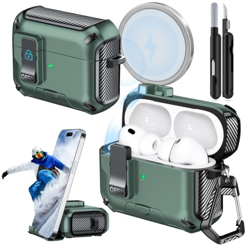 Joremx Custodia Magnetica Per AirPods Pro 3 con Porta Telefono(Verde Mela) | Apertura Magnetica Automatica & Fissaggio Magnetico (per MagSafe), Carbon Fiber Texture Cover, Include una penna detergente