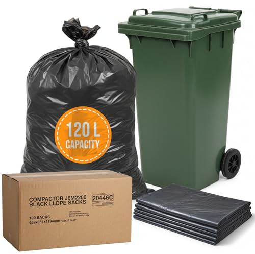 100 Jumbo Heavy Duty Black Bin Bags 120L Wheelie Bin Liners Refuse Sacks | Compactor sacks for commercial and garden waste, tear resistant garbage liners, fits 120 litre wheelie bins