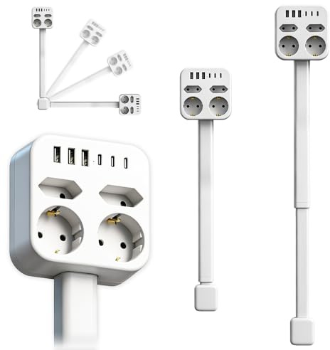 HOVCEH Regleta Extensible Pared,Enchufe Extensible 47 A 67 cm con 3 USB, Función De Carga Tipo C y 4 Tomas De Ca, Enchufe Alargador Extensible y Giratoria 360°para Tomas De Corriente De DifíCil Acceso