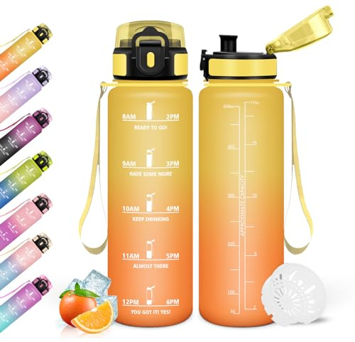 Mulbijeo Trinkflasche, 500ml Auslaufsicher mit Zeitmarkierung, Wasserflasche, Motivierende & mit Filter, Trinkflasche Sport, Trinkflaschen Kohlensäure Geeignet, für Laufen, Radfahren, Sportflasche
