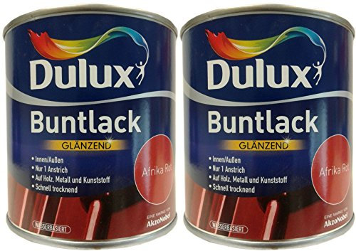 2 x 500 ml Dulux Buntlack Glänzend innen/außen 1 L Farbwahl, Farbe:Afrika Rot