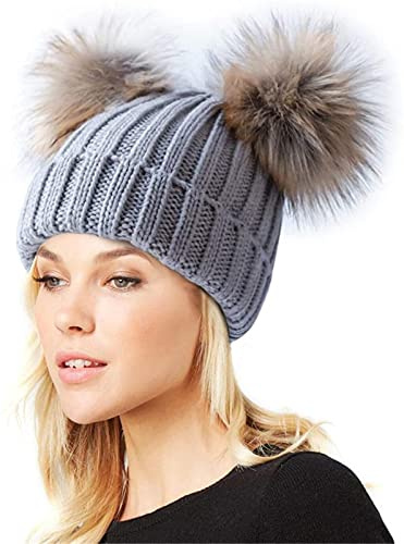 feifanshop Damen Wintermützen Strickmütze Echtfell Waschbär Fell Pelz Bommel Mütze Bommelmütze Beanie Warme Cap Grau