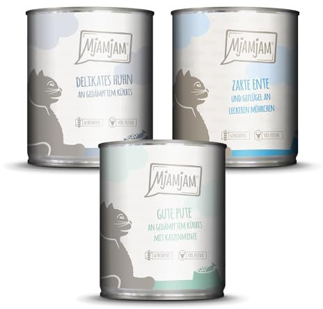 MjAMjAM - Premium Nassfutter für Katzen - Mixpaket II - Huhn & Kürbis, Pute, Ente & Geflügel, 6er Pack (6 x 800 g), getreidefrei mit extra viel Fleisch