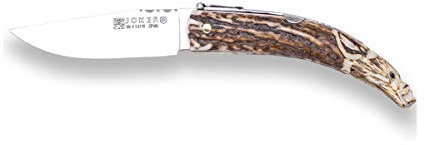 Joker Klappmesser NC142 Hand geschnitzt, Hirsch Antler Tip Griff, Wildschweinmotiv, 8 cm MOVA Klinge, mit Scheide Included, Fischen, Camping- und Wanderwerkzeug