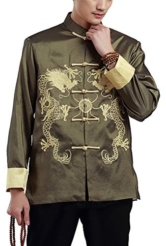 Daoba Herren Tang Anzug, Chinesisch Traditionell Stehkragen Langarm Tai Chi Shirt Kampfkunst Kung Fu Hemd Jacke Tops Doppelte Drachenstickerei