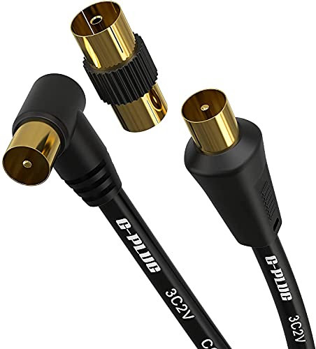 G-PLUG 1m Cavo Antenna TV Coassiale Angolo Retto con Adattatore Femmina-Femmina - IEC RF Maschio-Maschio - Connettori Placcati Oro - Per TV/Decoder, DVB-T/T2, Radio FM/DAB