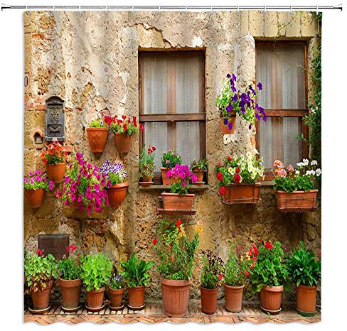 FILMILIL Farm Style Shower Curtain Garden Potted Italian Green Plants Vintage Windows 3D Printing Mediterranean Greece Scene Bathroom Decoration Polyester Fabric with Hooks (90 X 70 Inch)