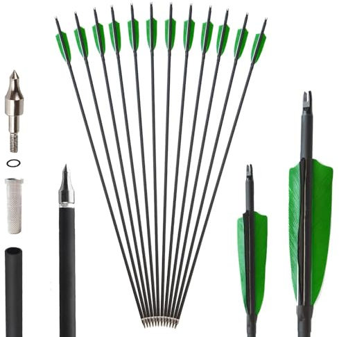 SHARROW 6/12Pcs Carbonpfeile 32 Zoll Carbon Pfeile für Bogenschießen Spine 500 Carbon Pfeile Carbon Jagdpfeile mit 4 Zoll Natürliche Federn Pfeile für Recurvebogen Compoundbogen (6pcs, Grün)