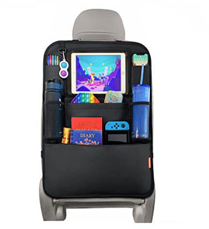 Huckaboo Car Seat Organiser - Kids Back Seat Organiser, Storage Pockets, Screen Holder, Black, 1 Pack