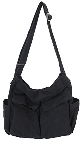 KlaOYer Canvas Messenger Bag Large Hobo Bag Crossbody Shoulder Bag Tote Bag with Pocket for Women and Men (Black)