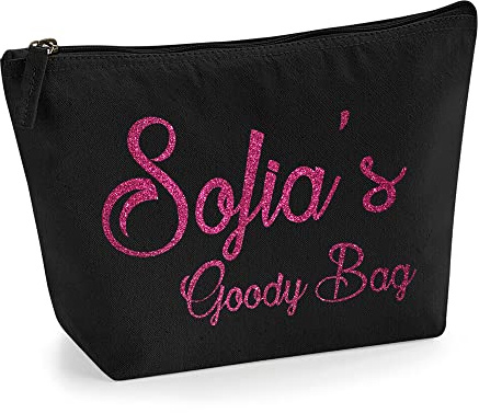 Personalisierte Farbe Name Initialen Text Goody Kosmetiktasche Damen Schminktasche für Handtasche Makeup Tasche mit Texturdruck - Rosa Glitzer - M | Schwarz