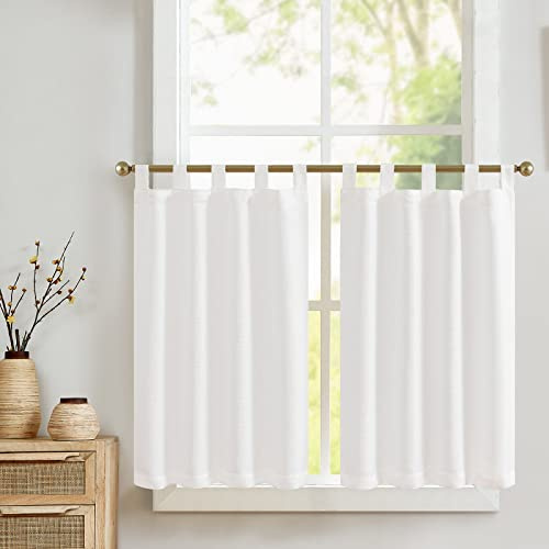 TOPICK Scheibengardine Halbtransparente Weiß Schals Bistrogardine Küchen Vorhänge mit Schlaufen Privatsphäre Uni Kurzer Fensterschal für Wohnzimmer Landhaus 70cmx60cm 2er Set, MEDYWLSDD2-2824C00N