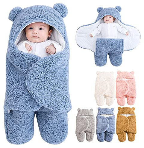 Tyuodna Pucksack Baby 0-3 Monate, Pucksack Baby 3-6 Monate,Schlafsack Winter Baby,Weich Gefüttert wickeldecke Baby,Plüsch Warme Baby Pucksack Für Jungen Mädchen (Blau, 0-3 Monate)