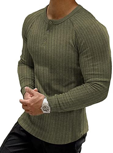Muscle Cmdr Muscle Henley-skjorta, herr, långärmad, smal passform, långärmad tröja, fritid t-shirt av bomull med korta och långa ärmar, smal passform, ribbad skjorta, Armégrön-lång, L