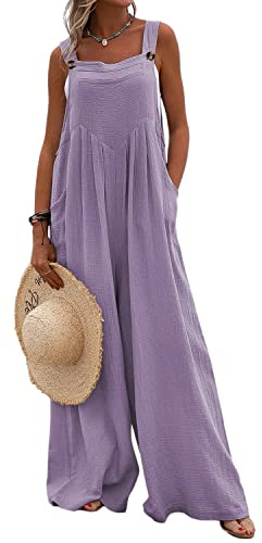 Runstarshow Womens Overalls Casual Loose Dungarees Ladies Jumpsuits UK Romer Oversized Women Wide Leg Playsuit with Pockets Solid Color Plus Size 8-26 Summer Trousers Pants Purple