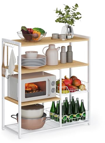 VASAGLE Estantería de Cocina con 2 Cestas de Malla Metálica, con Estantes y Ganchos, Estantería para Microondas, 35 x 80 x 93,5 cm, Roble Dorado y Blanco KKS096W09