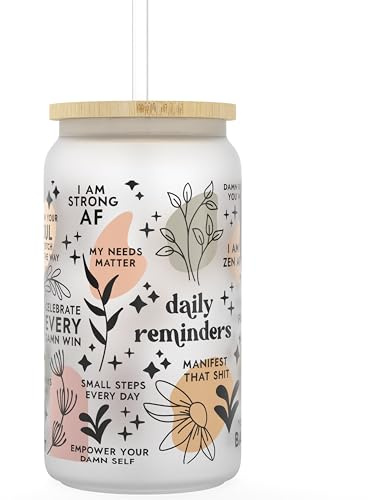Daily Affirmation Iced Coffee Cup [Frosted], Glass Cups with Bamboo Lids and Straws | 16 oz Mason Jar Drinking Glasses & Boba Cup | Glass Tumbler with Straw and Lid Mental Health [Vulgar Edition]