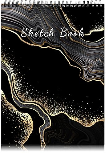Deokke A4-Skizzenbuch mit Spiralbindung,100GSM 50Blatt/100Seiten,22,9 x 30,5 cm,Nettes und künstlerisches Zeichenbuch,Geeignet für Jungen Mädchen und Anfänger (E3-Schwarzer Marmor)