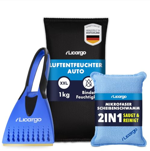 LICARGO® 3-teiliges Winter Set - Mikrofaser Scheibenschwamm & Eiskratzer mit Messingklinge & Luftentfeuchter Auto 1kg