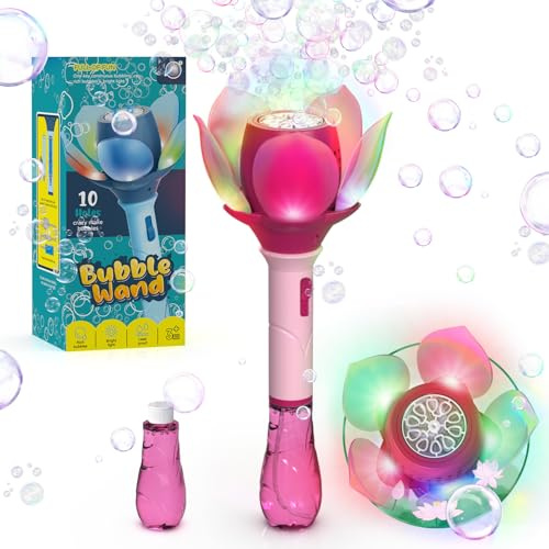PANACARE Bubbelstav blås för barn, handhållen lotusbubbla, automatisk, bubbelmaskin med batteri/ljus/10 000 + bubblor/bubbellösning, bubbelleksak, present till flickor, pojkar, fest, bröllop, utomhus