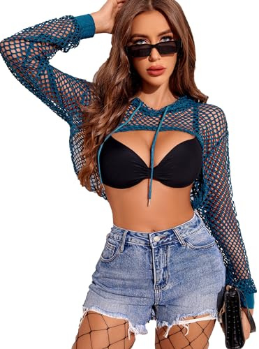 Avidlove Damen Fischnetz Top Langarm Hoodie Mesh Oberteil Kapuze Sexy Shirt | Neon Netzoberteil mit Kapuze Kordelzug,Fischnetz Top,Vorne Kurz und Hinten Lang,Rave Party Club Halloween Festival Outfit