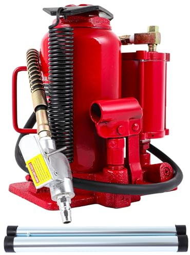 Pneumatic Air Hydraulic Bottle Jack with Manual Hand Pump 20 Ton (40 000 LBS) for Heavy Duty Auto Truck Travel Trailer Repair Lift Red Ideal for Car, Pickup, SUV, Industrial Engineering