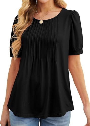 GRECERELLE Women's Pleated Short Sleeve Crew Neck Tops with Curved Hem | Front Pleat, Gathered Short Sleeves, Solid and Floral Print Colour for Easy Styling Flowy Tees T-Shirts Blouse for Ladies