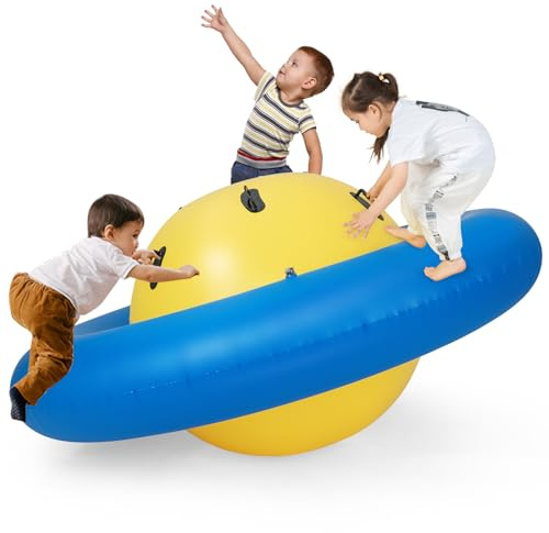 COSTWAY 88'' Inflatable Dome Climbing Rocker, Kids Teeter Totter Seesaw with 6 Handles, Blow Up Giant Rocking Bouncer Ball for Indoor Outdoor (Yellow+Blue)