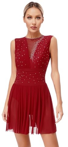 Nyeemya Vestido de Patinaje sobre Hielo Mujer sin Mangas Maillot Ballet con Falda de Gimnasia Rítmica Vestido Danza Contemporánea y Lírica Disfraz de Bailarina borgoña A S