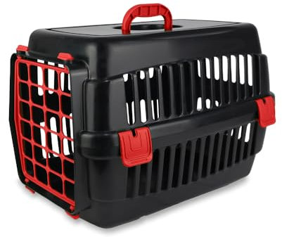 Robuste Katzen-Transportbox | Strapazierfähige Hartschalen-Katzenbox aus Hartplastik | Schlagfeste Kunststoffbox für Katzen (Schwarz-Rot)