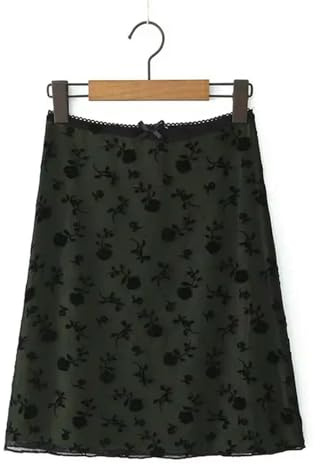 Sommer-Damenrock mit Blumenmuster, Netzstoff, dehnbar, knielanger Rock mit niedriger Taille, wie abgebildet, L