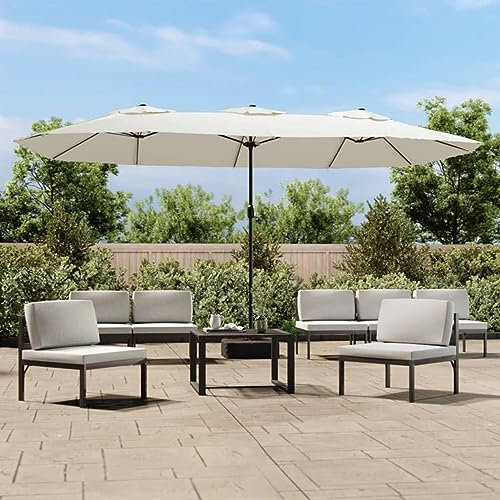 Homgoday Doppelsonnenschirm mit LEDs Sandweiß 449x245 cm Balkonschirm Gartenschirm Strandschirm Terrazaschirm Sonnenschutz UV-Schutz Marktschirm Schirm für Garten