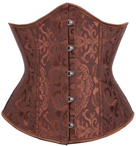SHEKINI Corsé para mujer, para adelgazar, corpiño bajo el pecho, satén con encaje, cintura cincher con tanga, jacquard, top gótico, vintage, corsé moldeador de cuerpo, Marrón Jacquard, S