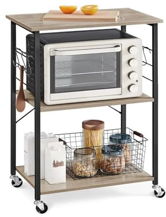 SDA287MZ Ilot de Cuisine Chariot de Cuisine avec 3 étagères, for Mini Four, Grille-Pain, avec 6 Crochets, Style Industriel, grège, 15,7 x 23,6 x 35 Pouces Chariot de Service