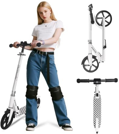 Nattork Scooter for Kids 8-12, Teens and Adults- Adjustable Height Folding Kick Scooter with Large Sturdy Wheels for a Smooth Ride, Lightweight, Anti-Shock Suspension, Scooter for Boys and Girls-White