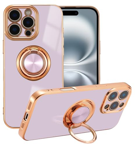 EYZUTAK Electroplated Magnetic Ring Holder Case for iPhone 16 Pro, 360 Degree Rotation Metal Anti-fall Finger Ring Kickstand Magnet Car Holder Slim Soft Silicone Shockproof Cover - Light Purple | Loop Kickstand Function, Magnetic Car Mount Supported, Shiny Plating Gold Edge, Slim Soft Silicone Protective Phone Cover