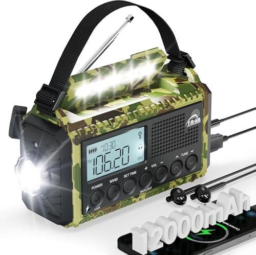 Roxicosly Wind Up Torch Radio,12000mAh Rechargeable Solar Powered Hand Crank Radio with USB Phone Charger, SOS Alarm, LCD Time Display, Headphone Jack, IPX6 for Hurricane, Emergencies (Green Camo)