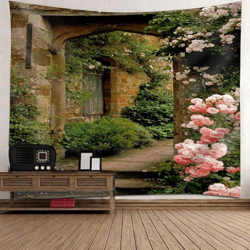 Mesnt Wandteppich Natur Groß, 210x140cm Tür mit Blumen und Pflanzen Wandbehang Wandteppich für Meditation Schlafzimmer Wohnzimmer Schlafsaal | Grün Rosa