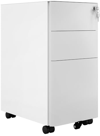 DWVO 3-Drawer lockable Filing Cabinet Office Drawers with Keys, Compact Slim Portable Metal File Cabinet, Pre-Built Office Storage Cabinet for A4/Letter/Legal, 30 x 45 x 61cm, White + Grey