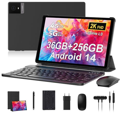 RUSHAR Newest 2025 Tablette 10,4 pouces, Android 14 avec 36 Go RAM + 256 Go ROM (TF 1 To), 4G LTE + 5G WiFi, IPS 2K HD, 8 000 mAh, Octa-Core, 13 Mpx + 8 MP, Bluetooth 5.0, tablette avec clavier et