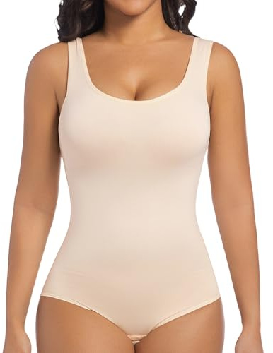 ONEW Shapewear Bodysuit Seamless Round Neck Tank Tops Tummy Control Full Body Shaper Waist Trainer Vest Beige L