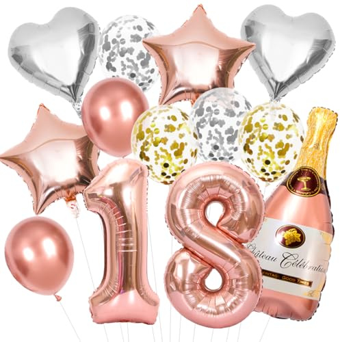 Dekoration zum 18. Geburtstag Mädchen, Ballon Set Roségold Zahl 18, Foil Luftballons Champagner Flasche XXL, Konfetti-Luftballons, für Dekoration Geburtstagsfeier 18 Jahre Mädchen