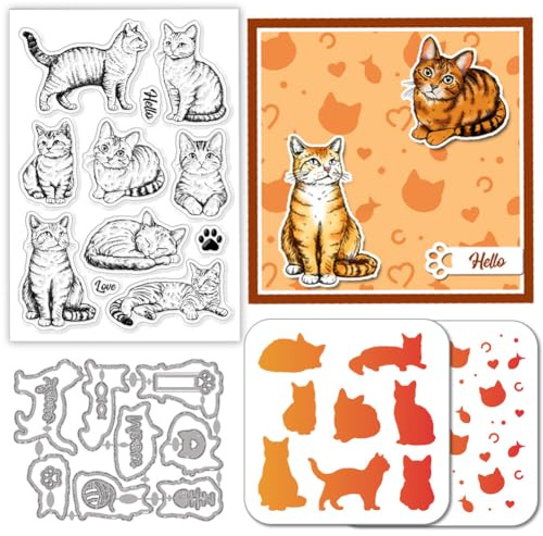GLOBLELAND Realistisch Katze Stamps Stanzschablone für die Kartenherstellung Tiere Silikonstempel Stanzschablone Katzenkopf Hintergrund PET Malschablonen Für DIY Scrapbooking Bastelalben Zubehör